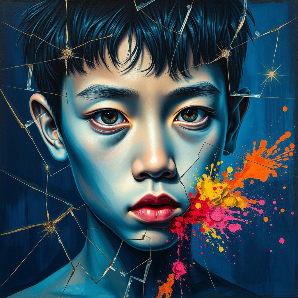 It's an oil painting in the style of Picasso, close-up, of a beautiful Asian boy with blue skin and a broken face, surrounded by glass breakage and gold lines on a dark blue background, and a colorful explosion of the spillage of powder. - Image