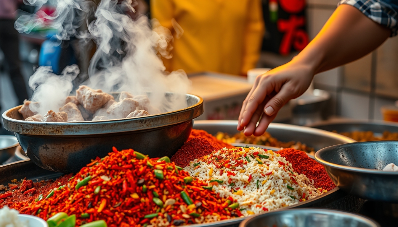 A close-up of a street vendor preparing a colorful and aromatic dish, with steam rising and vibrant spices on display. - Image