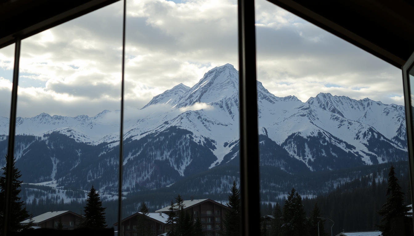 A dramatic mountain landscape viewed through the glass walls of a ski lodge. - Image