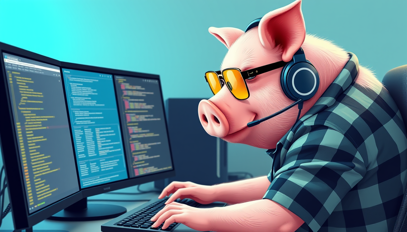 A tech-savvy porcine coder, donning yellow-tinted glasses and sleek noise-cancelling headphones, hunches over a cutting-edge multi-monitor setup. The anthropomorphic pig exudes focus, typing furiously. Wearing a plaid t-shirt.