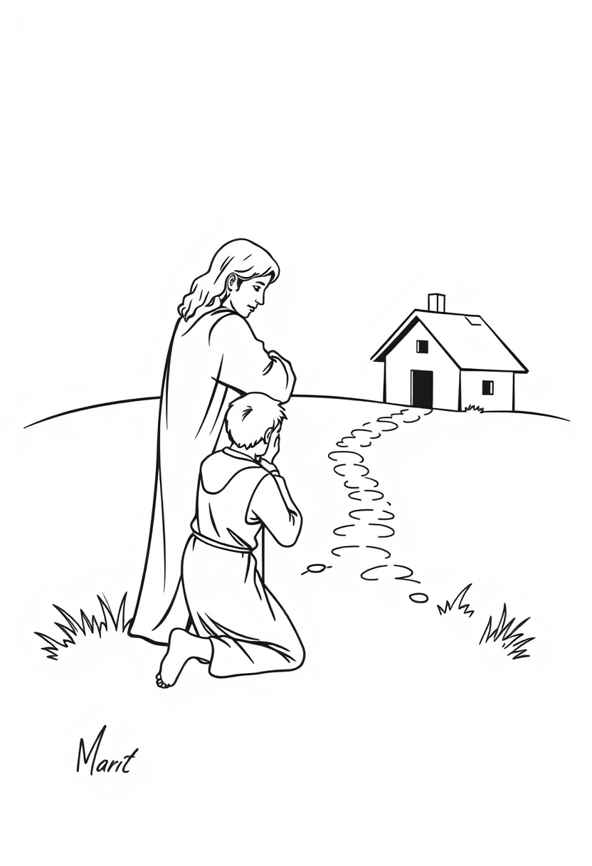 Coloring book page. Outline drawing of the Prodigal Son's return: Two figures embracing - a younger one kneeling before an older standing figure. Add a simple house in the background and perhaps a path leading to it. White background, black and white drawing, sharp black lines. - Image