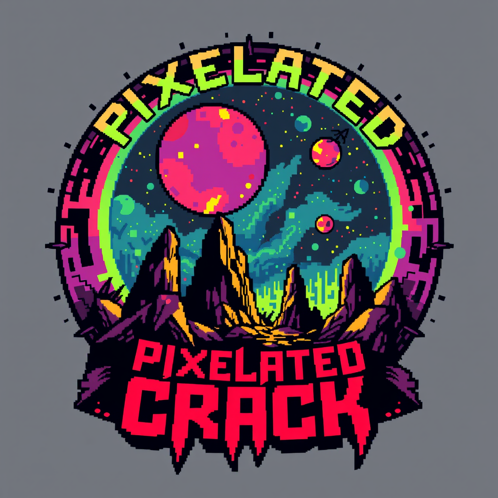 T-shirt design with a blocky colorful 8-bit style of death metal blended with chiptune. The visual should be unique and striking but macabre blended with beauty, and the band name is "Pixelated Crack" with a scene inspired by space. - Image