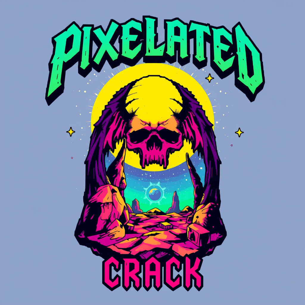 T-shirt design with a blocky colorful 8-bit style of death metal blended with chiptune. The visual should be unique and striking but macabre blended with beauty, and the band name is "Pixelated Crack," featuring a scene inspired by space. - Image