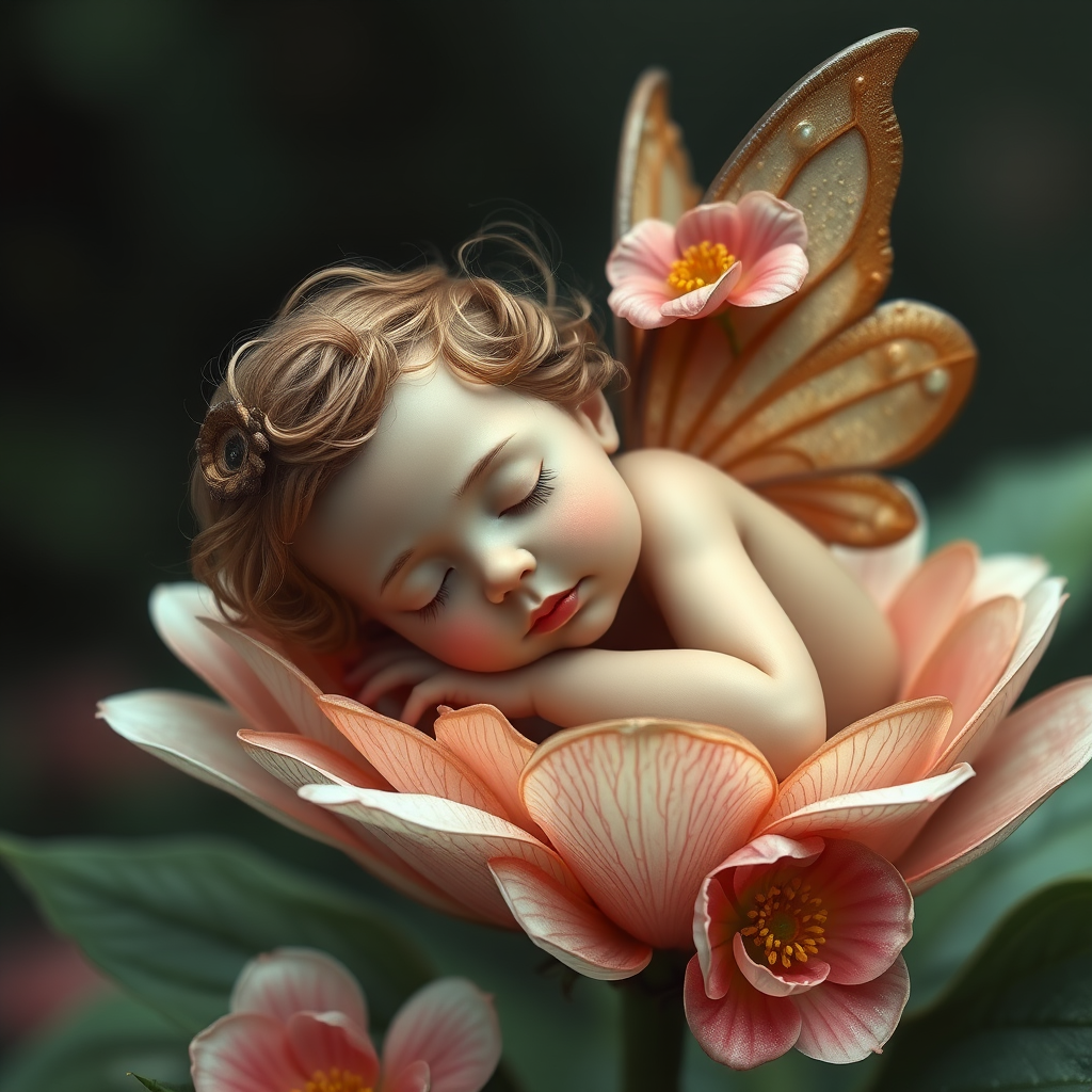 Full body, realistic, young fairy sleeping on a flower. - Image