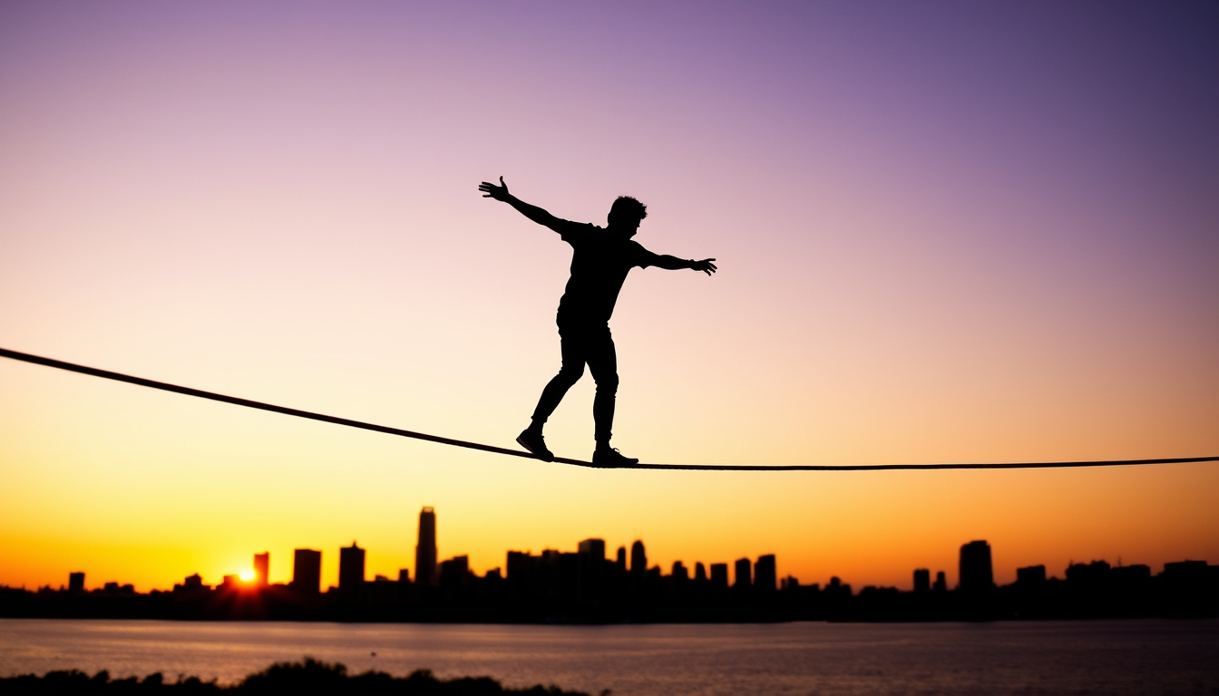 Silhouette of a person balancing on a tightrope at sunset with a city skyline in the background.