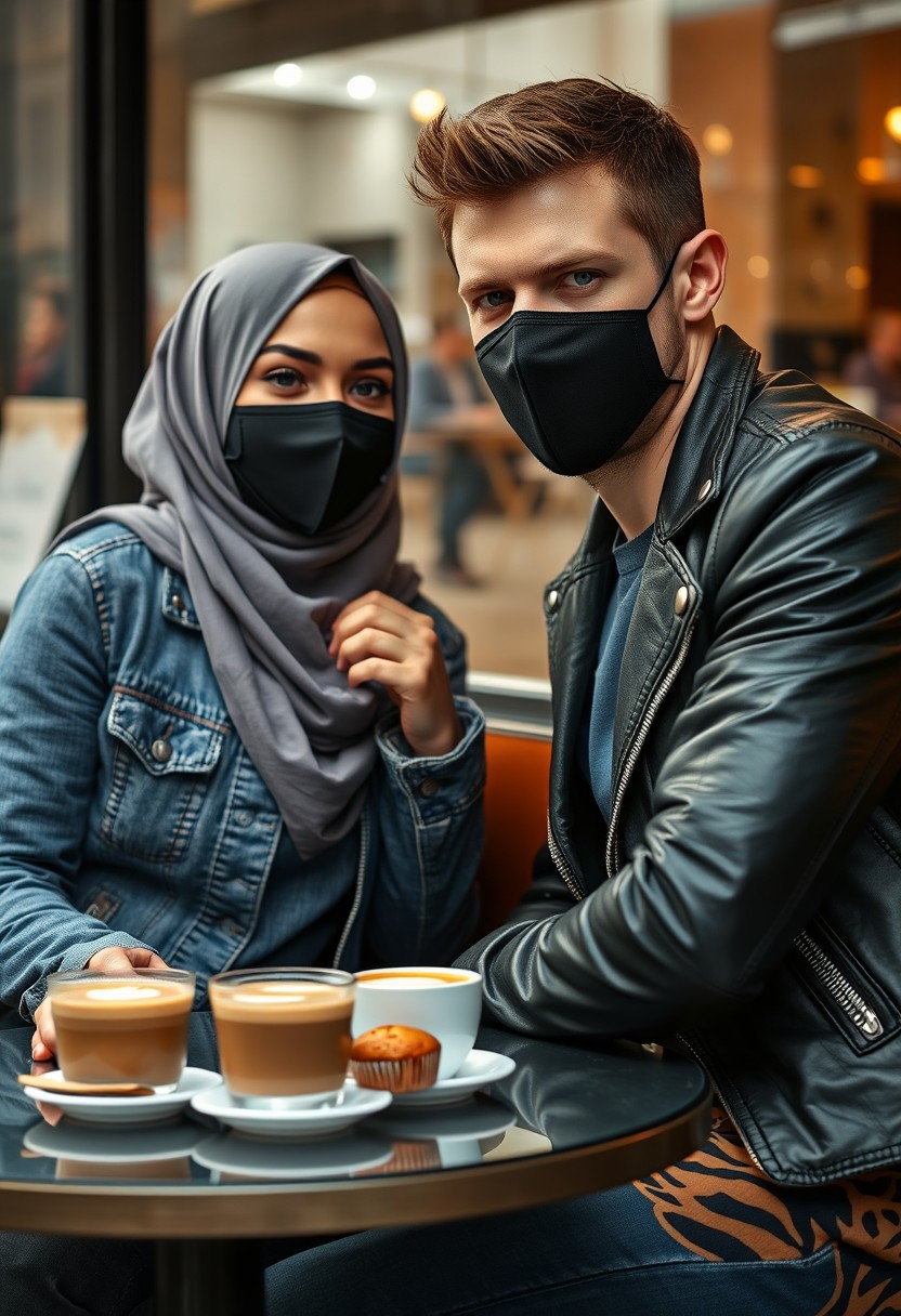 Jamie Dornan's head and body shot, handsome, black face mask, blue jeans jacket, jeans, dating a Muslim girl in a grey hijab, beautiful eyes, black face mask, black leather jacket, biggest tiger pattern skirt, at a cafe, 2 cups of latte, muffin cake on a table, photorealistic, hyper-realistic, street photography, selfie.