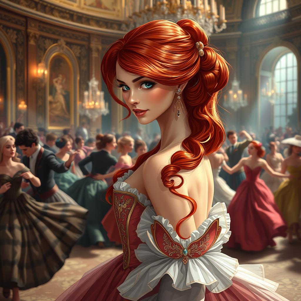 Dance of Versailles with a lot of dancers, digital illustration concept art featuring a princess with red hair, sharp focus. - Image