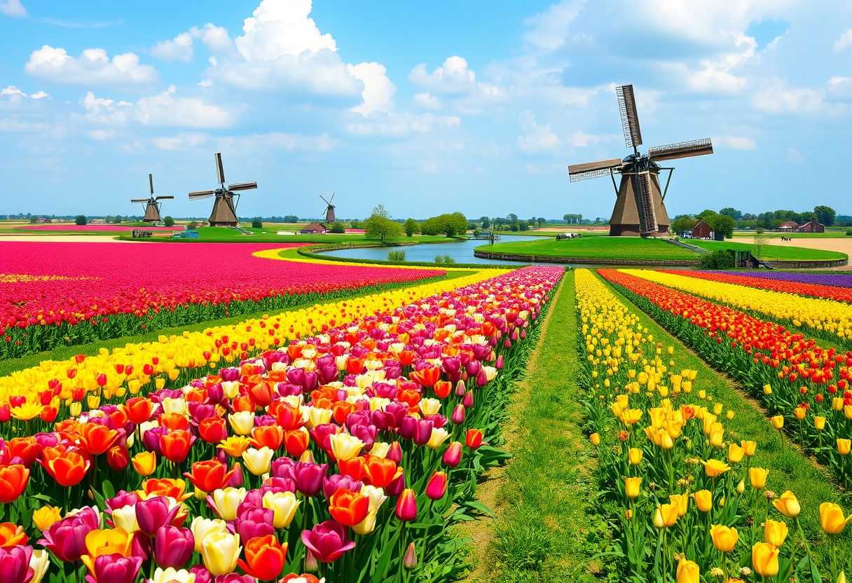 Sprawling, colorful tulip fields, blooming flowers, vibrant, cheerful, high quality, photorealistic, idyllic, springtime, windmills, rural, Dutch countryside, picturesque, breathtaking::0.9 cycling, bicycle paths, windmill-lined canals, charming, blue skies, peaceful, farmland, grazing cows. - Image