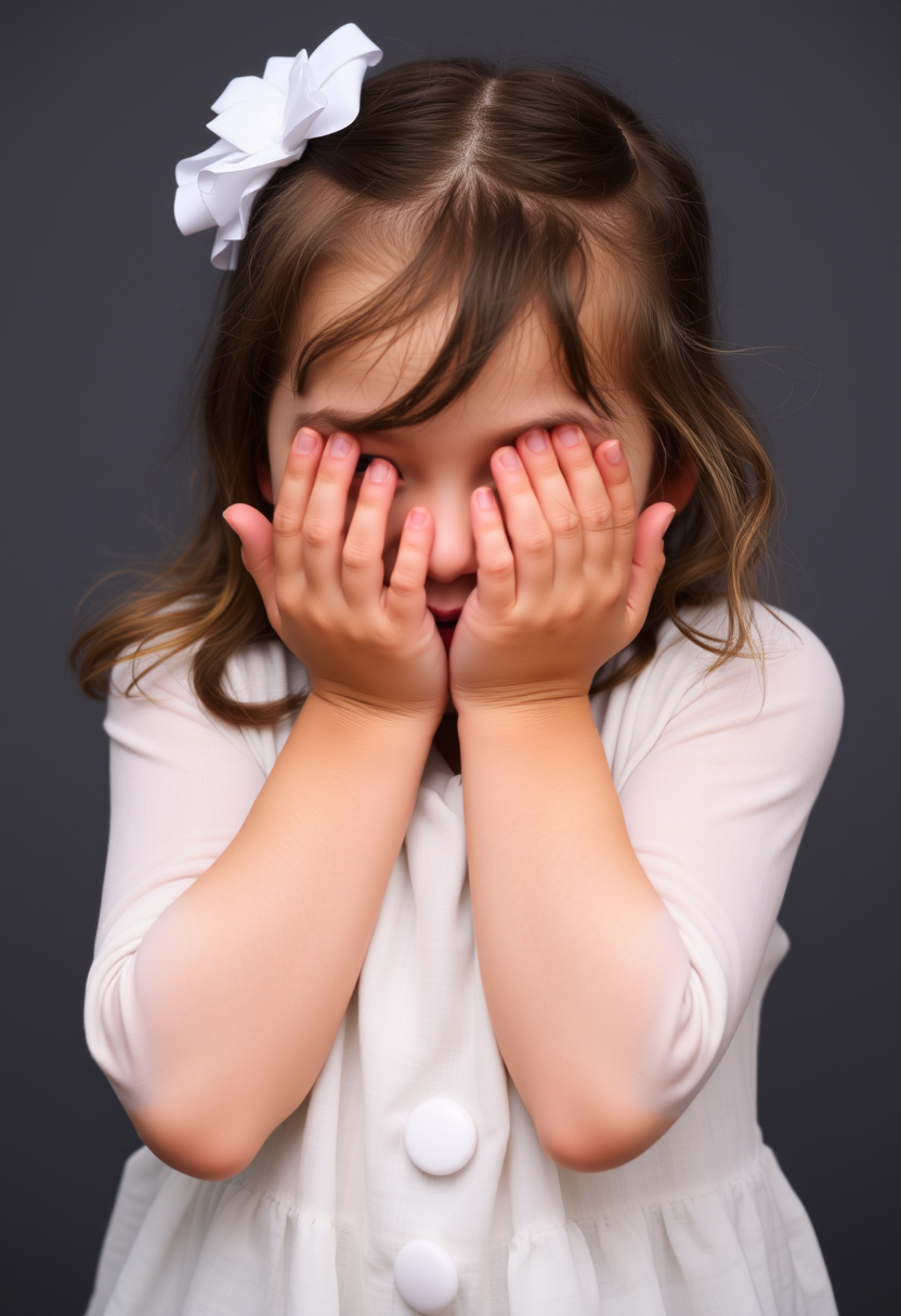 A smiling girl covering her face with her hands.