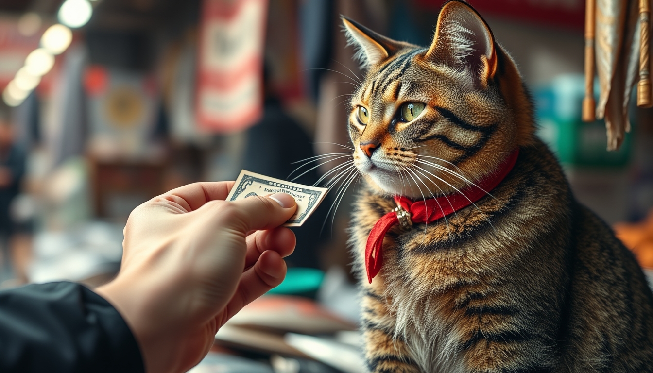 Image of a hand offering money to a fishmonger cat, holding fish, 8k, ultra detailed, at the market. - Image