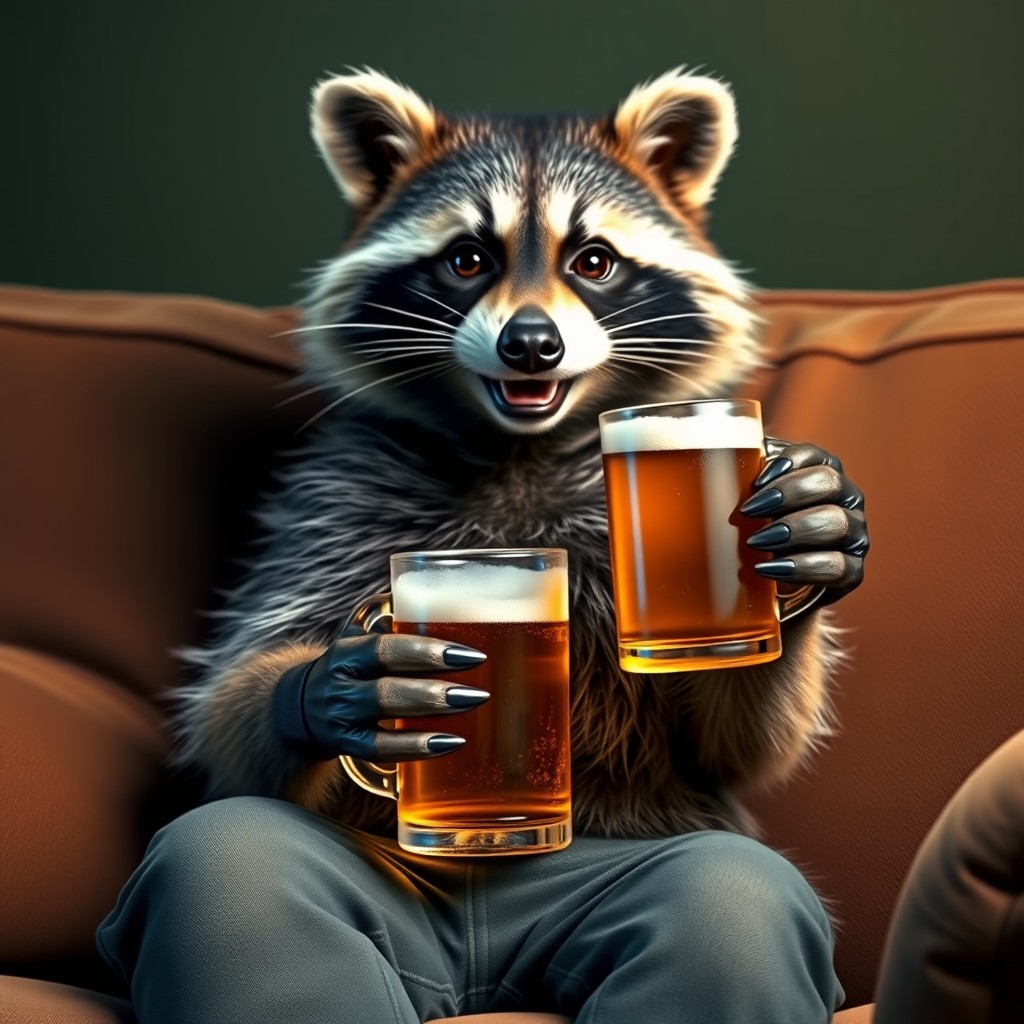 Raccoon sits on the couch and holds a mug of beer in his hand, smile, realistic style, realistic photo. - Image