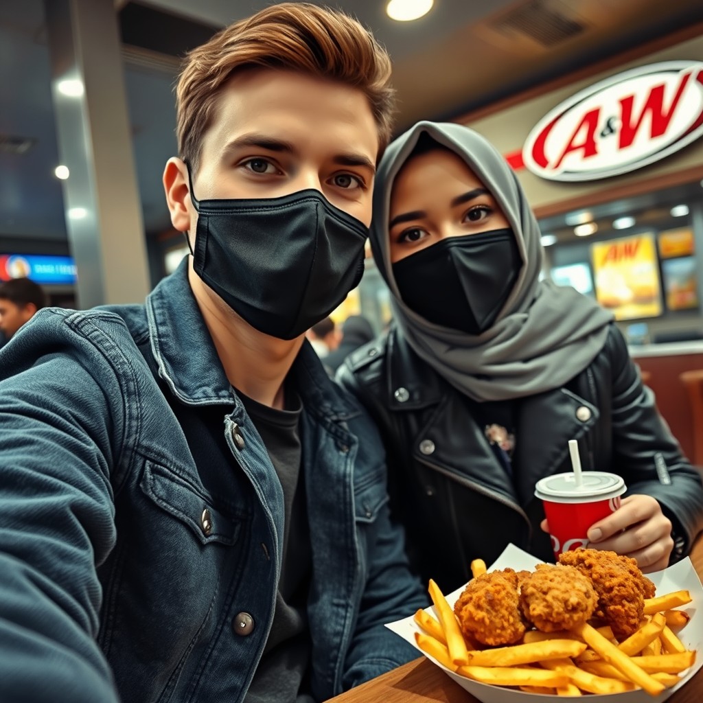 Jamie Dornan's head and body shot, handsome, young, face mask black, blue jeans jacket, jeans, dating love with grey hijab Muslim girl, beautiful eyes, face mask black, black leather jacket, biggest floral skirt, at A&W fast food restaurant, plate of Korean fried chicken and fries, soft drink, photorealistic, hyper-realistic, street photography, selfie. - Image