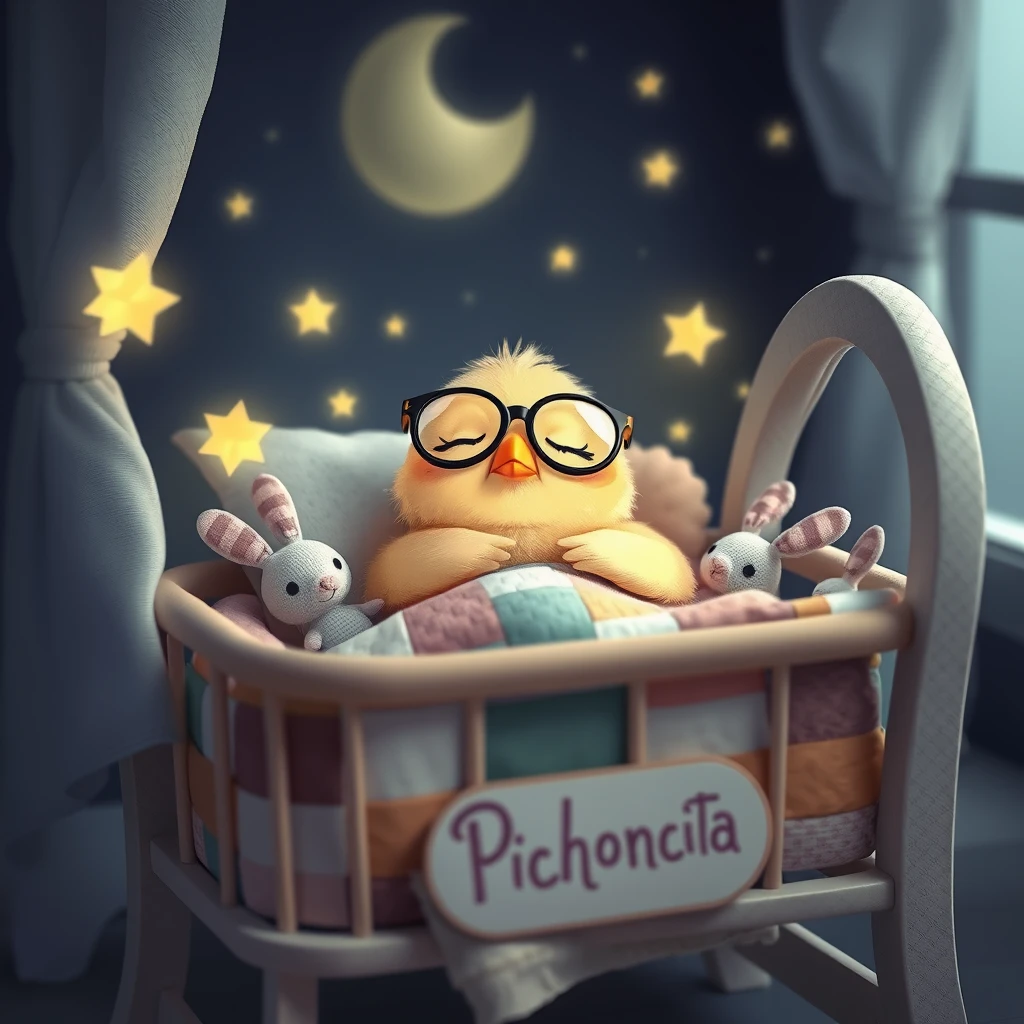 /Imagine it's nighttime. A delicate, soft Kawaii chick with glasses is sleeping in its little bed, with fireflies and a patchwork blanket surrounded by tiny cute plush bunnies and the name Pichoncita written on the cradle. - Image