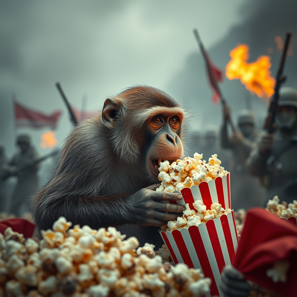 A monkey eating popcorn in the middle of a war - Image