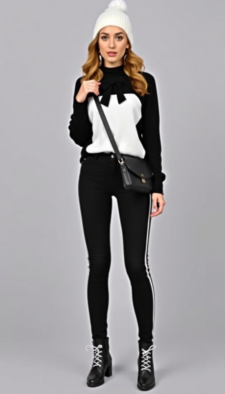 Casual Tuxedo Penguin-inspired Outfit,
Top, Black and white color-blocked sweater, with a white front panel resembling a penguin’s belly and a black back and sleeves,
Bottoms, High-waisted black skinny jeans with white piping down the sides,
Details, A small black bow tie at the collar for a playful tuxedo touch,
BREAK
Accessories, White beanie with black pom-pom, black crossbody bag with white accents, and black and white penguin-themed earrings,
Footwear, Black ankle boots with white laces,
Hair and Makeup, Loose waves for a relaxed vibe, natural makeup with a pop of coral on the lips, and a hint of highlighter on the cheeks,
BREAK - Image