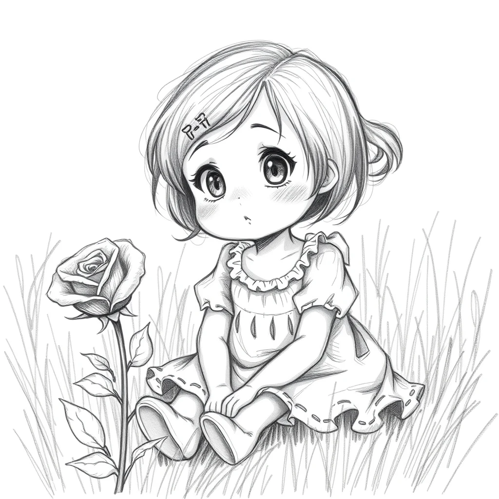 A tiny girl with a surprised look sitting next to a rose in a field, natural pencil sketch style. - Image