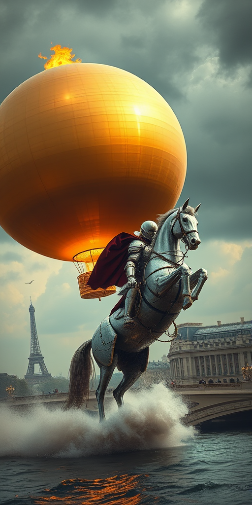 Giant perfect smooth gold sphere with a fiber texture floats in the sky with a giant flame underneath to elevate the sphere like a hot air balloon, drifting over vintage Paris in the style of the Universal Exhibition of 1900, retro-futuristic aesthetic. Giant waves flood the city as a knight of the apocalypse rides a silver mechanical horse with silver armor, emerging proudly from the Seine, galloping and slicing through the water, under a stormy sky, doomsday, apocalypse, steampunk, backlit, mist and fire embers perspective, pop rock fluorescent collage, sci-fi steampunk machinery, extra dust particle clouds, octane render, and paper art ink art Méliès, Jules Verne. - Image