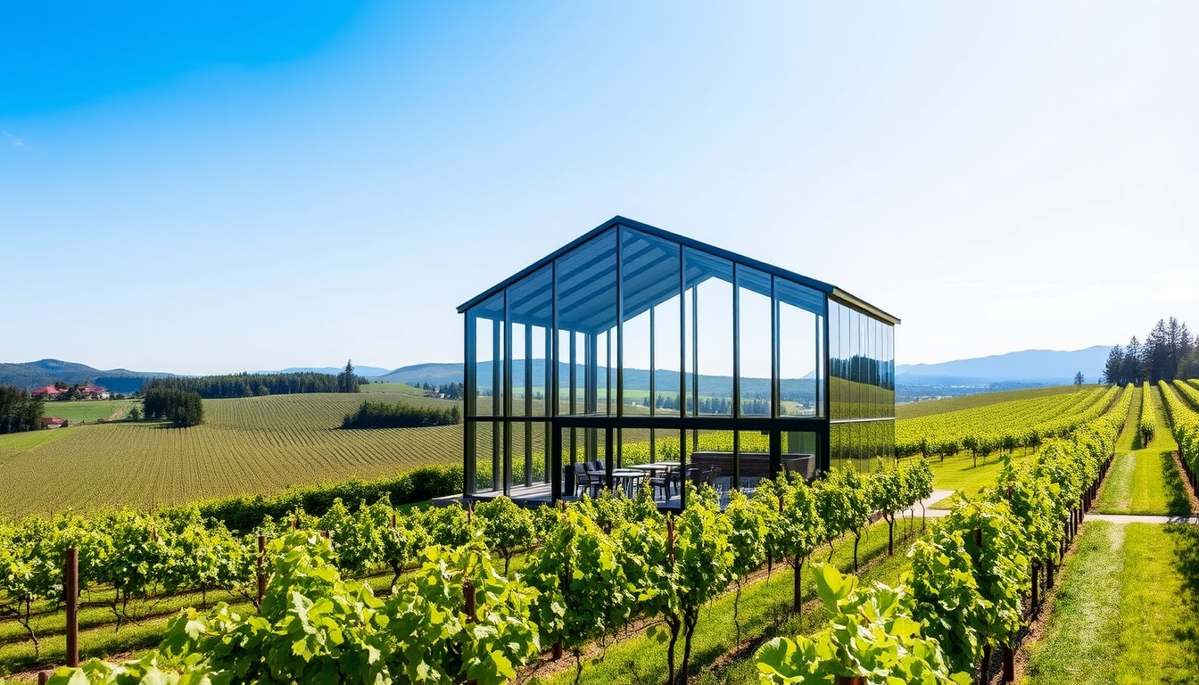 A picturesque vineyard with a glass-walled tasting room overlooking the grapevines.