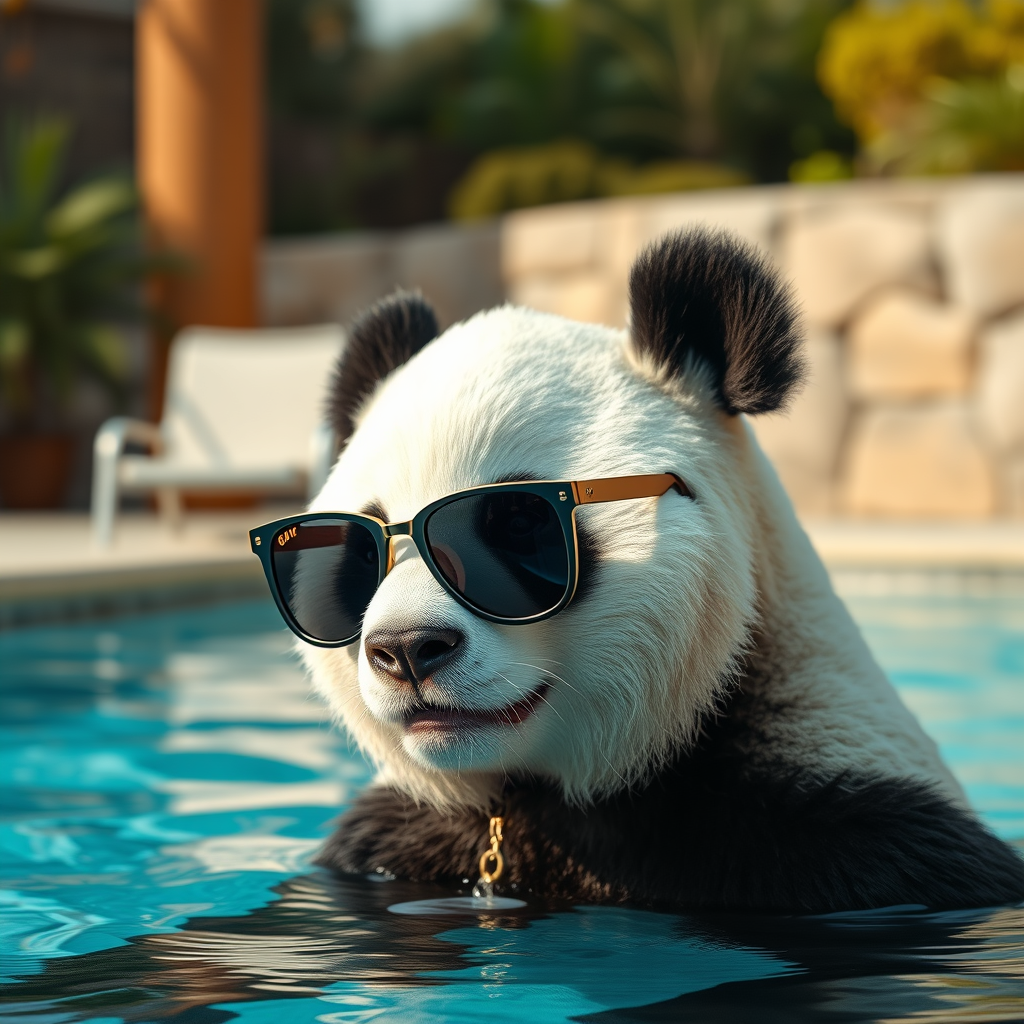 a panda with sunglasses looking cool inside a pool, photography, ultra realism, iphone photo