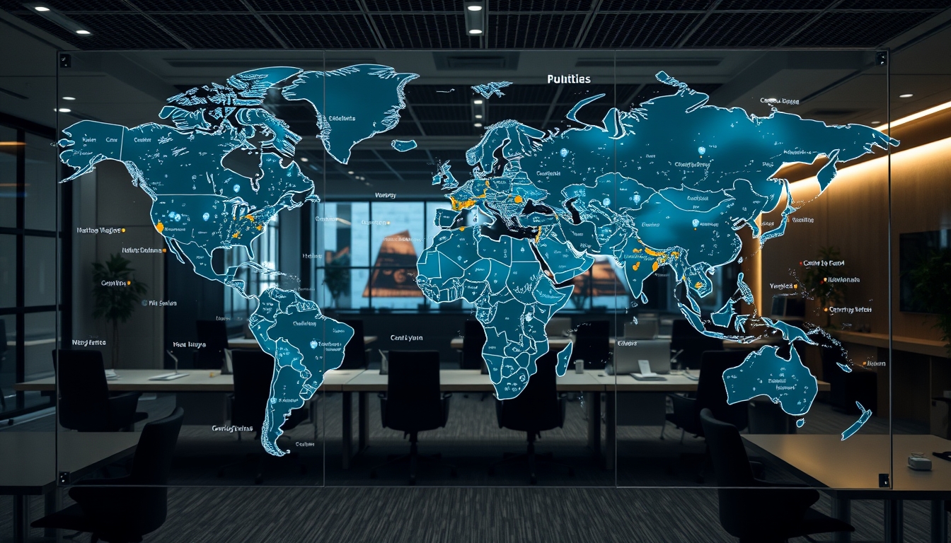 A detailed glass map of the world in a high-end office, highlighting various locations. - Image