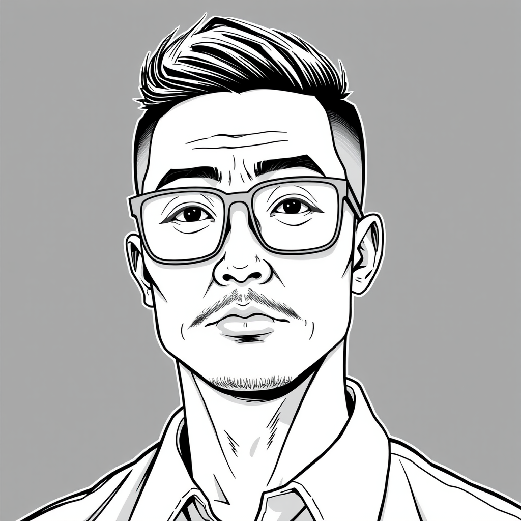 "Create a cool line drawing of a man around 35 years old, with a crew cut and a robust physique. He is Asian, wearing framed reading glasses. His upper lip is clean-shaven without a mustache, and he has some stubble on his chin. He is wearing a shirt and has a slightly rebellious charm, appearing deep in thought." - Image