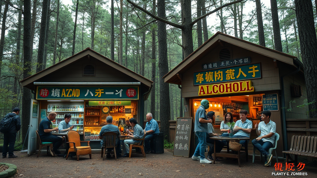 Real-life photography, wide shot: In the forest, there are two small shops selling alcohol, with tables and chairs set up outside, where many young men and women are drinking and chatting. A zombie (like the zombies from Plants vs. Zombies) walks by. There are Chinese characters or Japanese characters.