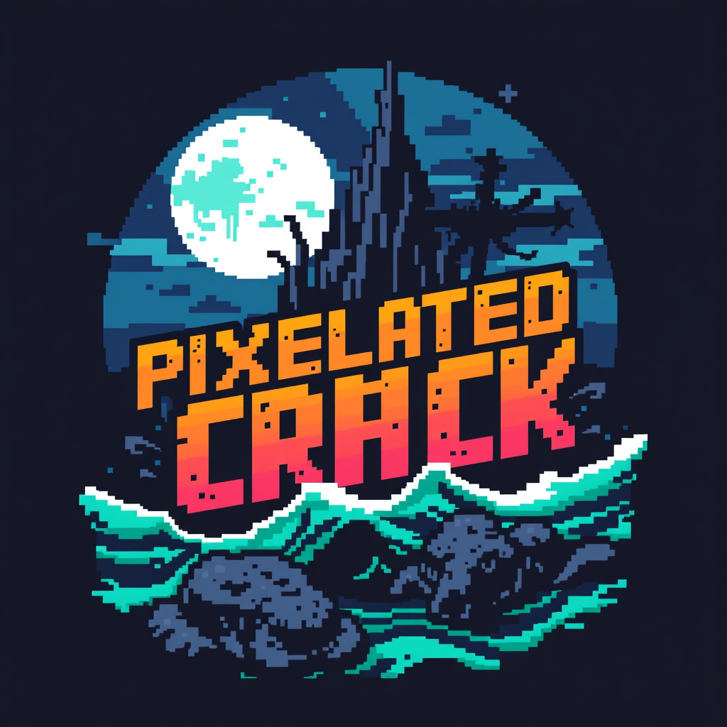 T-shirt design with a blocky colorful 8-bit style of death metal blended with chiptune. The visual should be unique and striking, but macabre blended with beauty, and the band name is "Pixelated Crack" with a scene inspired by the deep sea.