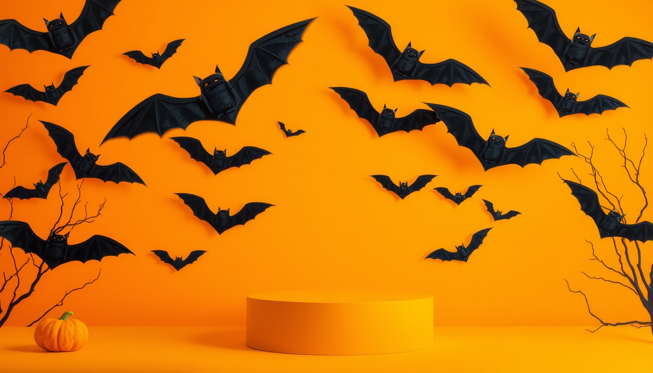 Creative Halloween composition with bats, podium and orange background. Suitable for Product Display and Business Concept. - Image