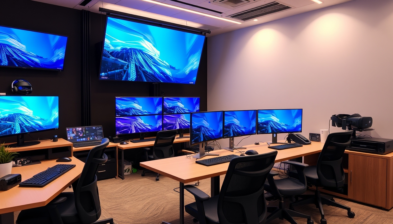 Innovative workspace with multi-screen setups, ergonomic furniture, and virtual reality equipment.