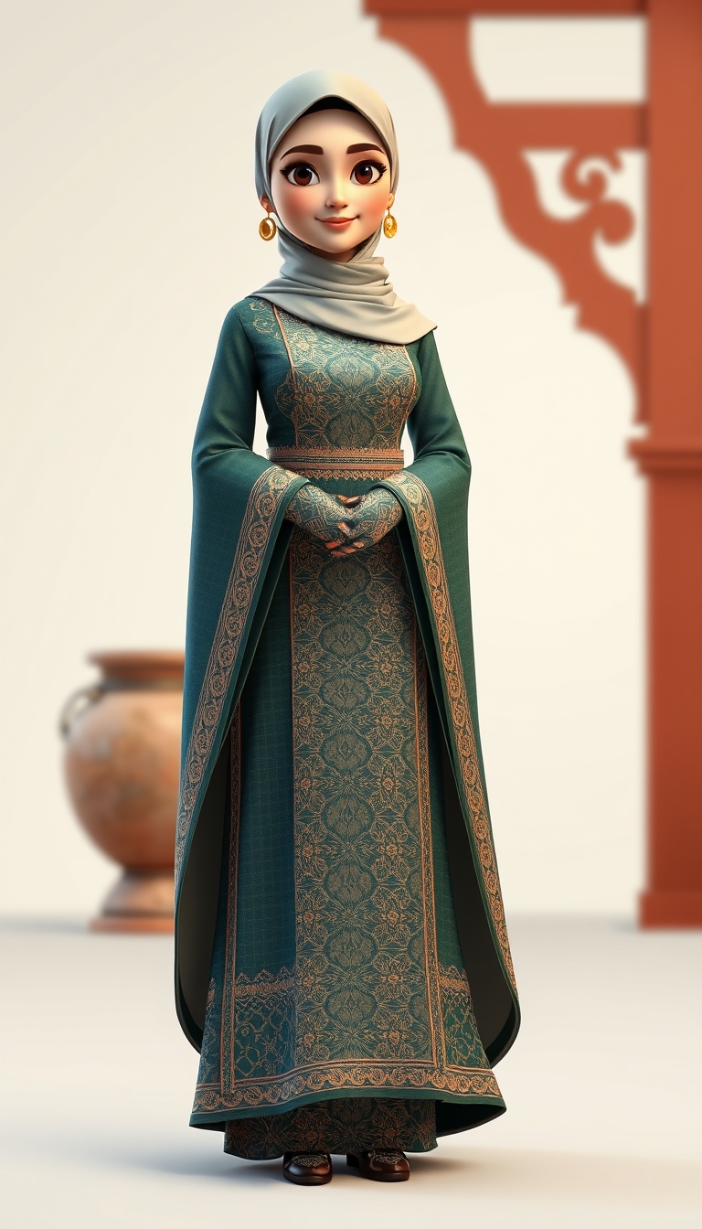 Create a 3D, 8K animated cartoon of a Muslim woman from Palembang wearing a long traditional songket dress. She should have her hands covered with batik gloves. The image should capture the elegance and cultural richness of the attire.