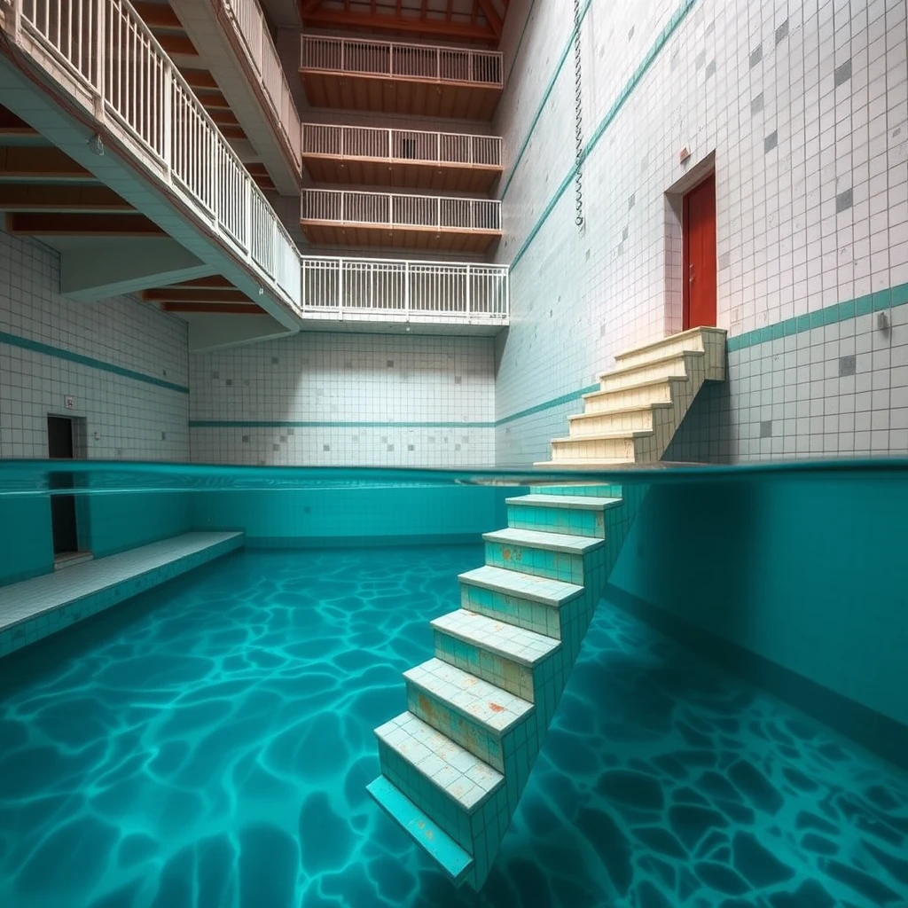 There is a strange swimming pool with steps extending from the sixth floor down to the pool and to the bottom of the water.