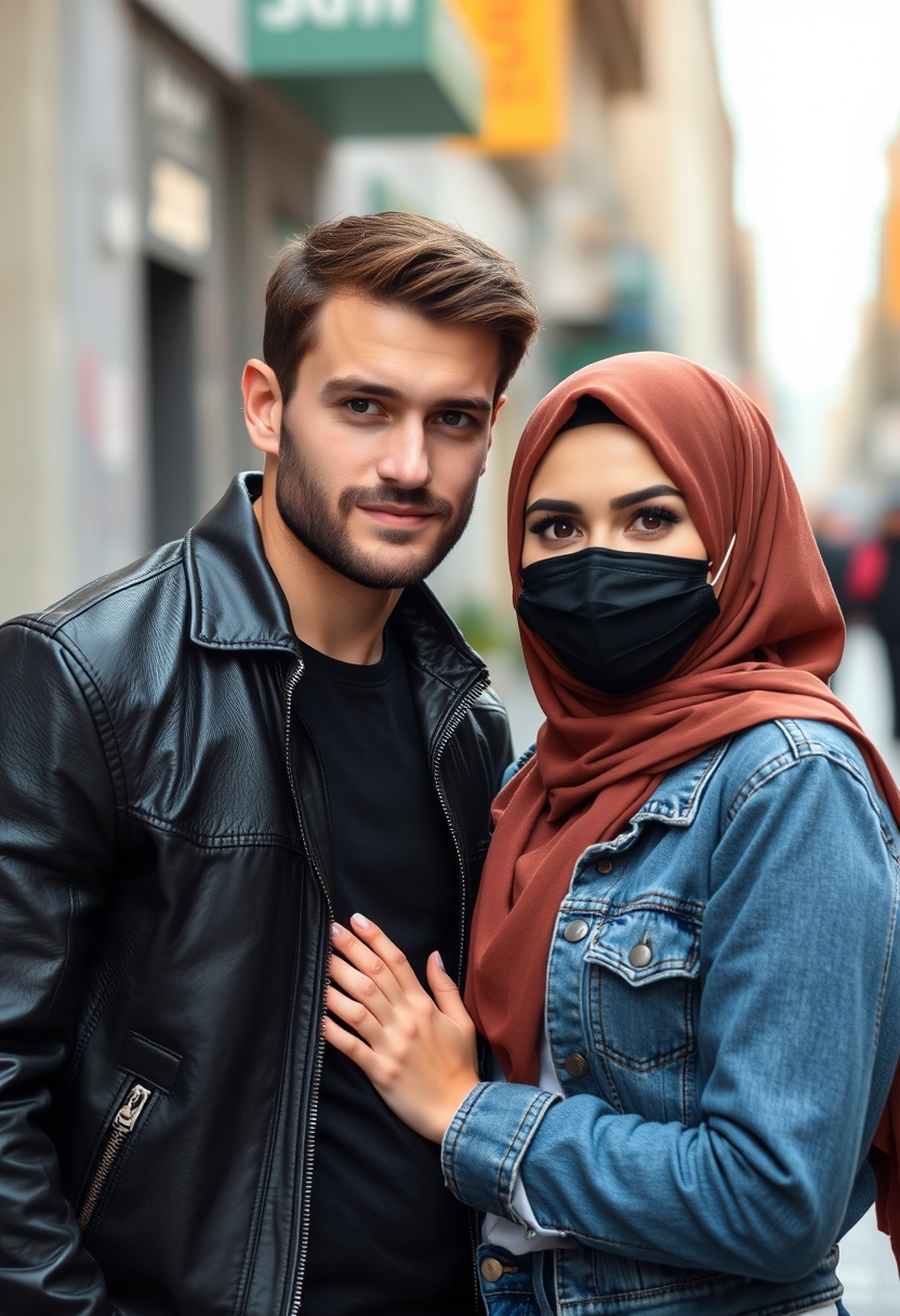 Jamie Dornan, handsome, black face mask, black leather jacket, jeans, dating, love couple with the biggest hijab Muslim girl, beautiful eyes, black face mask, jeans jacket, biggest, hyper-realistic, street photography.