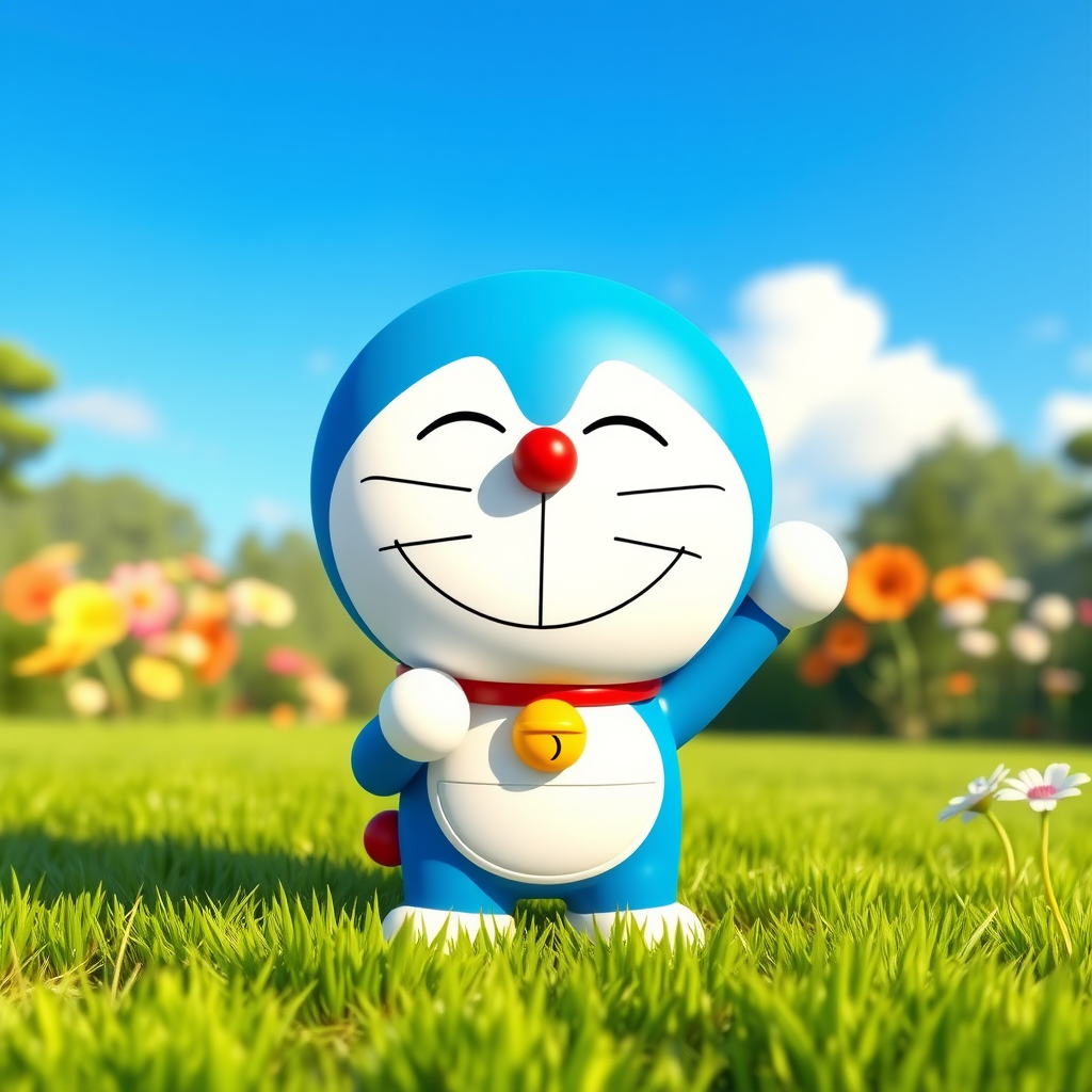 Doraemon in Pixar style, cute and expressive, vibrant colors, static pose, sunny garden setting, green grass, blue sky, cheerful and peaceful atmosphere, clear texture, smiling ring, avatar. - Image