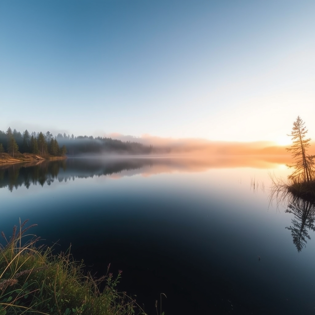 A tranquil lake reflecting a misty sunrise in a forest setting.