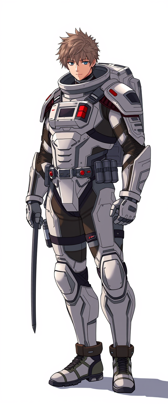 A warrior man wearing a space suit, full body figure, anime style.