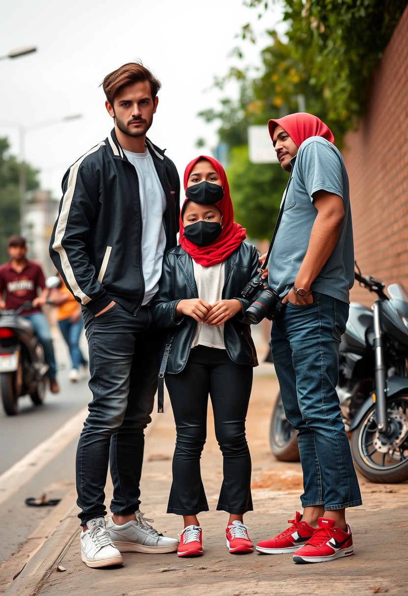 Jamie Dornan and Freddie Prinze, head and body shot, handsome, young, serious face, dark brown haired, white T-shirt, college jacket, skinny jeans, sneakers, standing, discussing with two guys and a young girl in a short red hijab, beautiful eyes, black face mask, black leather jacket, bell-bottom jeans, red sneakers, holding a Canon DSLR camera, near a town road, superbike, hyper-realistic, street photography, brick wall, full-body photo, three other random friends in the background.