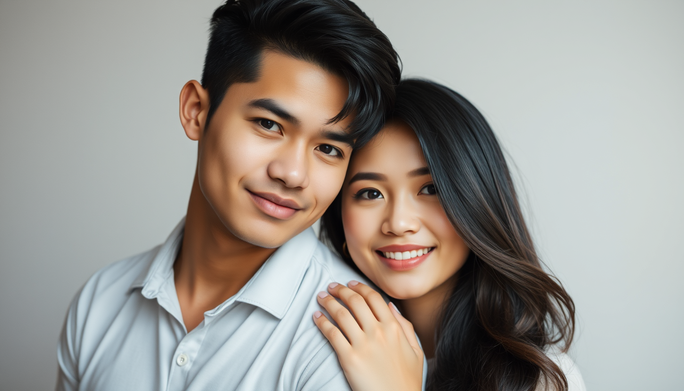 Handsome young man and beautiful young woman couple from Indonesia with great hair. - Image