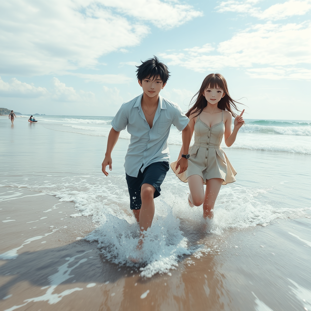 Super Slow Motion Shot of an anime couple running in the water at the beach Moving Towards Camera, anime style, water splash, close-up. - Image