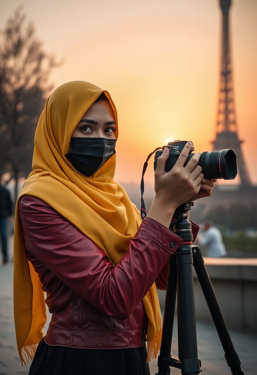 Biggest hijab yellow Muslim girl, beautiful eyes, face mask black, red leather jacket, black biggest skirt, camera DSLR CANON, tripod, taking photo Eiffel Tower, sunrise, morning scenery, Eiffel Tower, hyper realistic, street photography.