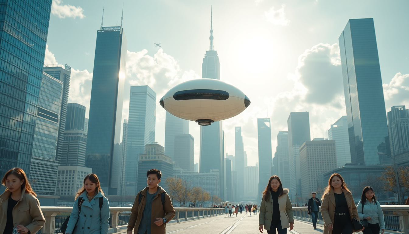 Create a stunning high-resolution image of the city of the future. The skyline should be filled with towering skyscrapers. It includes a light-colored oval balloon-type robot flying rapidly through the air with tiny black balancers on either side of the balloon. There are some people walking on the street, Asian faces, wearing fashionable and avant-garde clothes, creating a laid-back and pleasant atmosphere. The visual focus of the image highlights small balloon-type robots patrolling the air for safety, very beautiful clouds, and sunlight reflecting off the glass surfaces of buildings, creating an atmosphere of excitement and innovation. Very sharp and realistic details, 32K, flat view. - Image