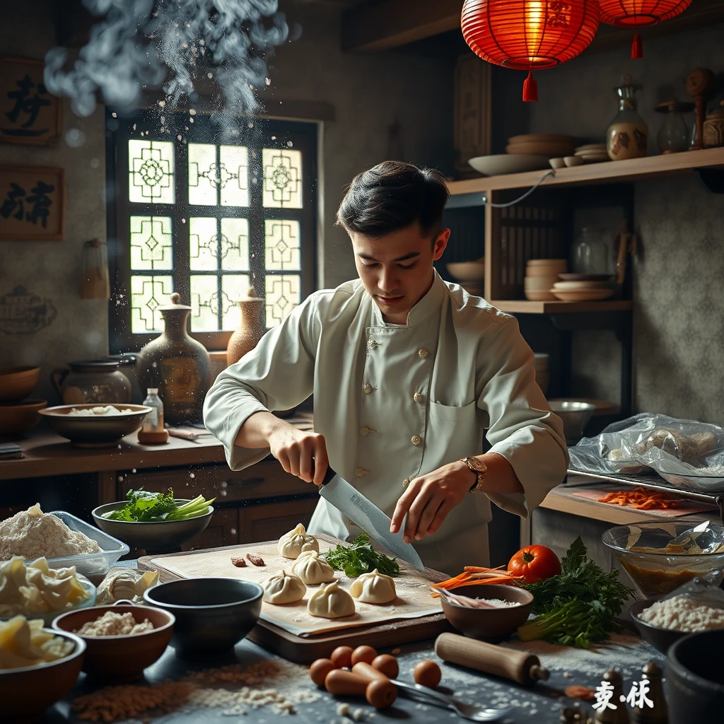 Photo of a college male making dumplings in an ancient mystical Chinese kitchen, lots of ingredients everywhere, flour everywhere, messy kitchen, magical theme, ingredients floating in the air, chopping vegetables with a Chinese chef's knife on a cutting board, doing taichi.