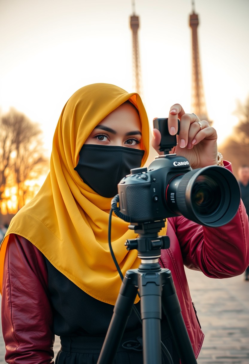 Biggest hijab, yellow, Muslim girl, beautiful eyes, black face mask, red leather jacket, biggest black skirt, DSLR camera CANON, tripod, taking photo of the Eiffel Tower, peace hand gesture, sunrise, morning scenery, Eiffel Tower, hyper-realistic, street photography.