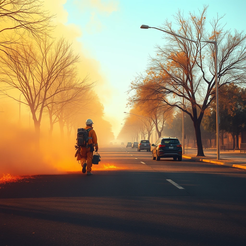 Heatwave, heat, asphalt, heat-weary workers, withered street trees, realistic photo effects. - Image