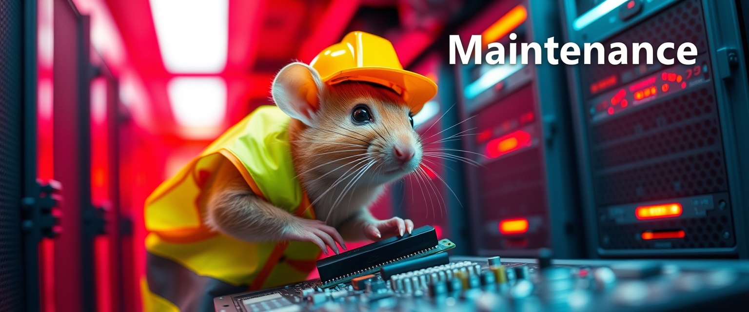 A small mouse with a hard hat and high visibility vest is repairing a circuit board. The mouse has a serious look in his eyes. The background shows a server room with red emergency lighting only, red ambient lighting, and emergency lighting. (Text of image saying "Maintenance":1.5)