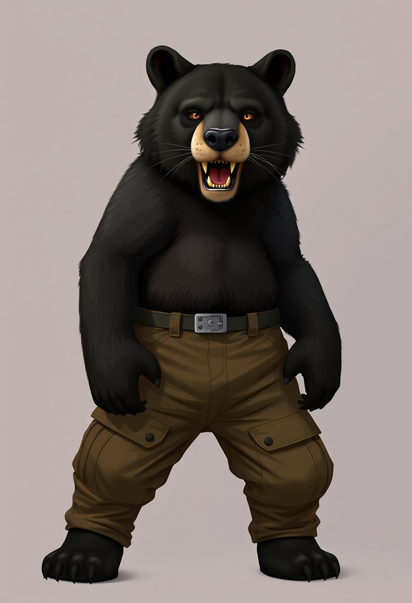 Anthropomorphic black bear cougar hybrid. Wearing cargo pants.