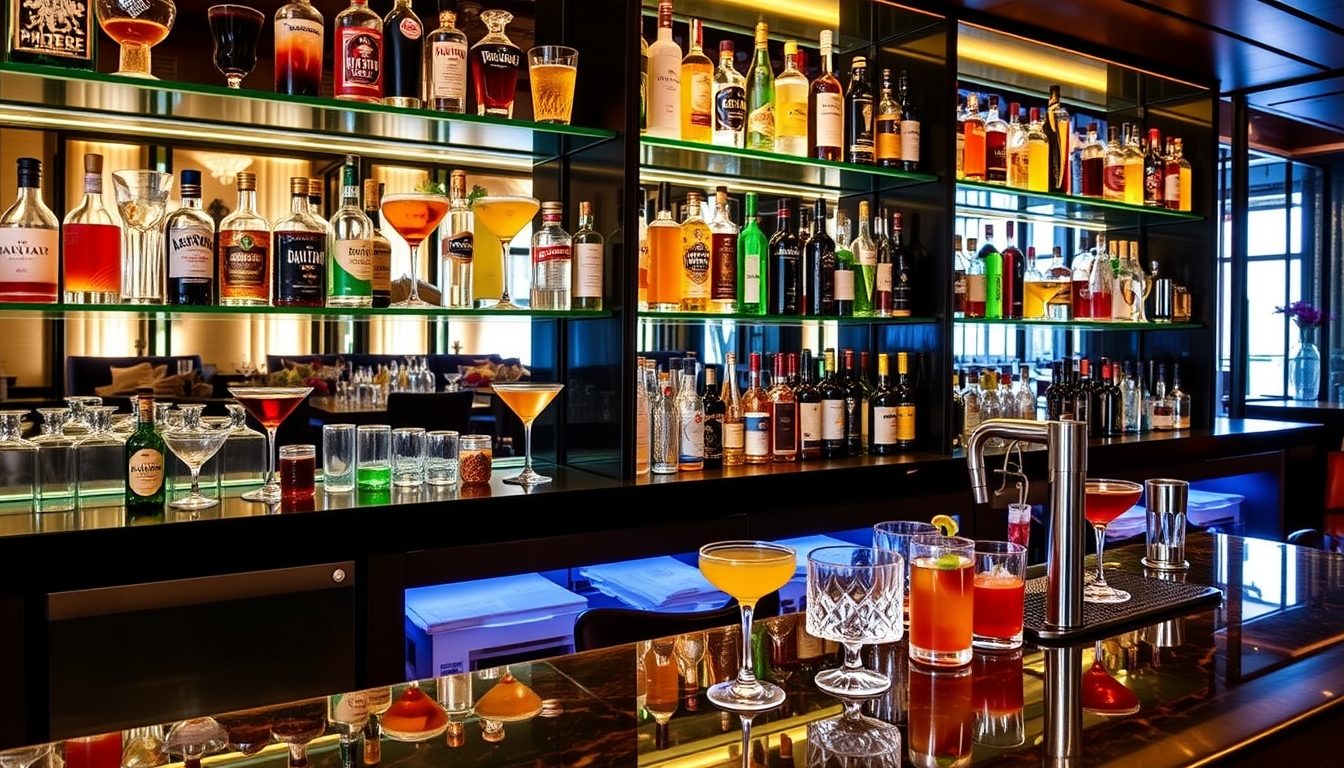 A sophisticated cocktail bar with glass shelves showcasing an array of colorful drinks.