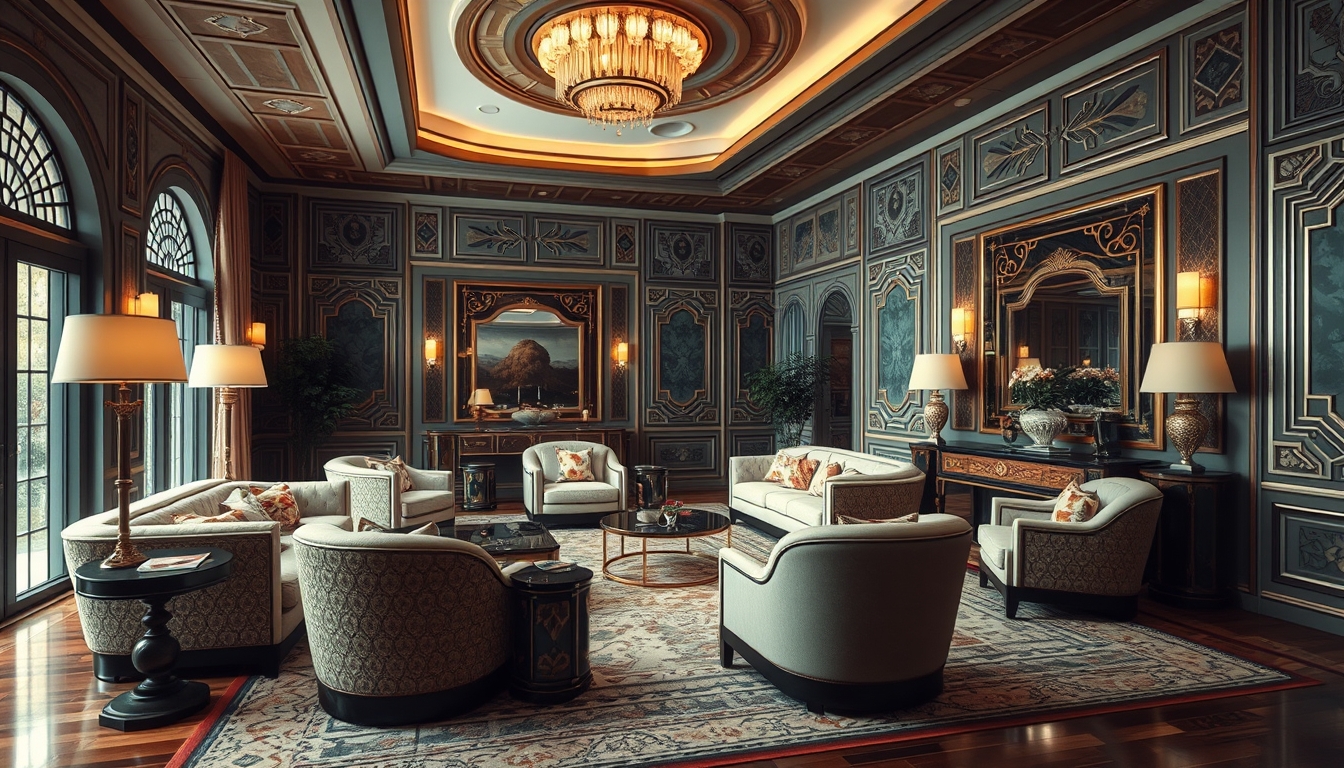 An interior scene of a luxurious room with Art Deco furniture, rich color palettes, and intricate geometric patterns. - Image