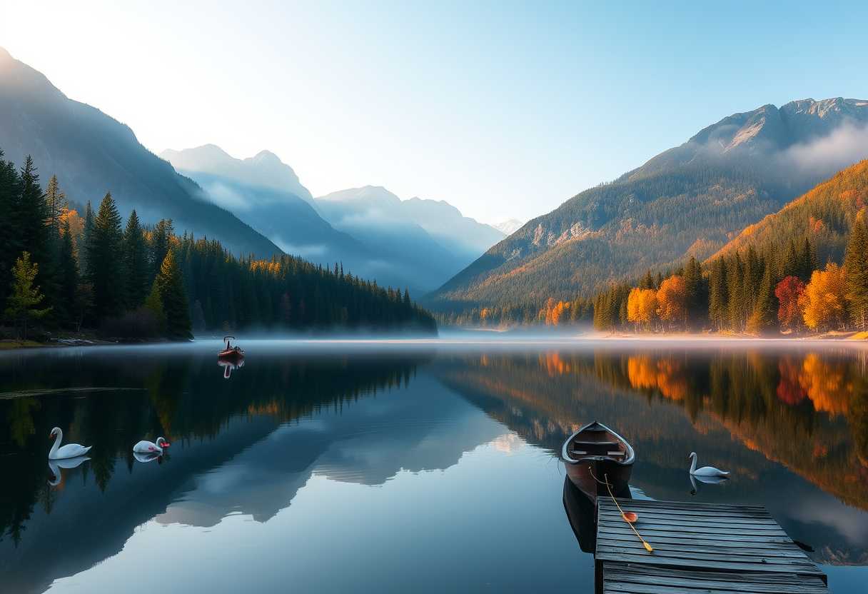 Peaceful, serene lake, mirror-like surface, misty morning, high quality, photorealistic, majestic mountains, pine trees, colorful autumn foliage, reflection, tranquil, secluded, remote, idyllic::0.7 kayaking, canoeing, fishing, wooden dock, rowboat, swans, water lilies, sunrise, sunset.