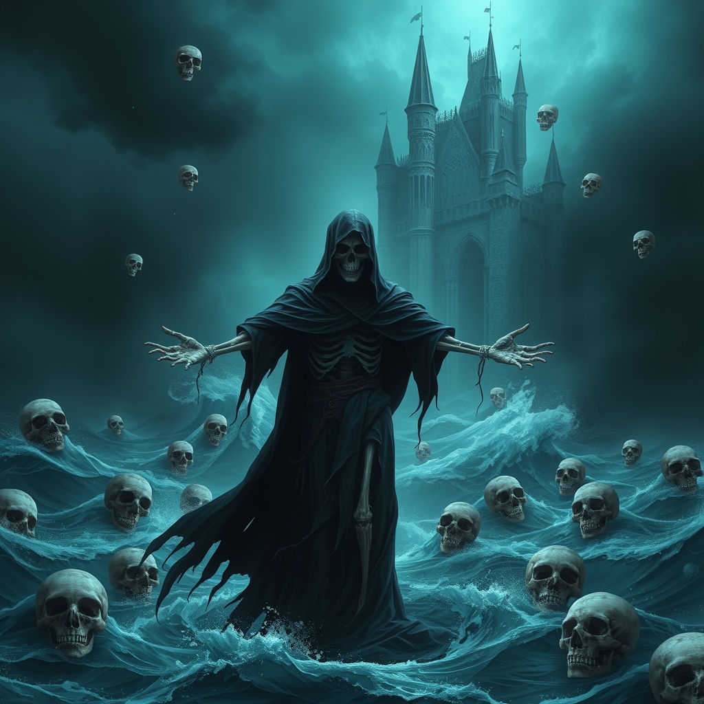 A skeletal grim reaper in a tattered black cloak stands amidst a stormy sea, arms outstretched, surrounded by floating skulls. A gothic necromancer's castle looms in the background. Dark, ethereal, and ominous atmosphere, digital art, teal tones.