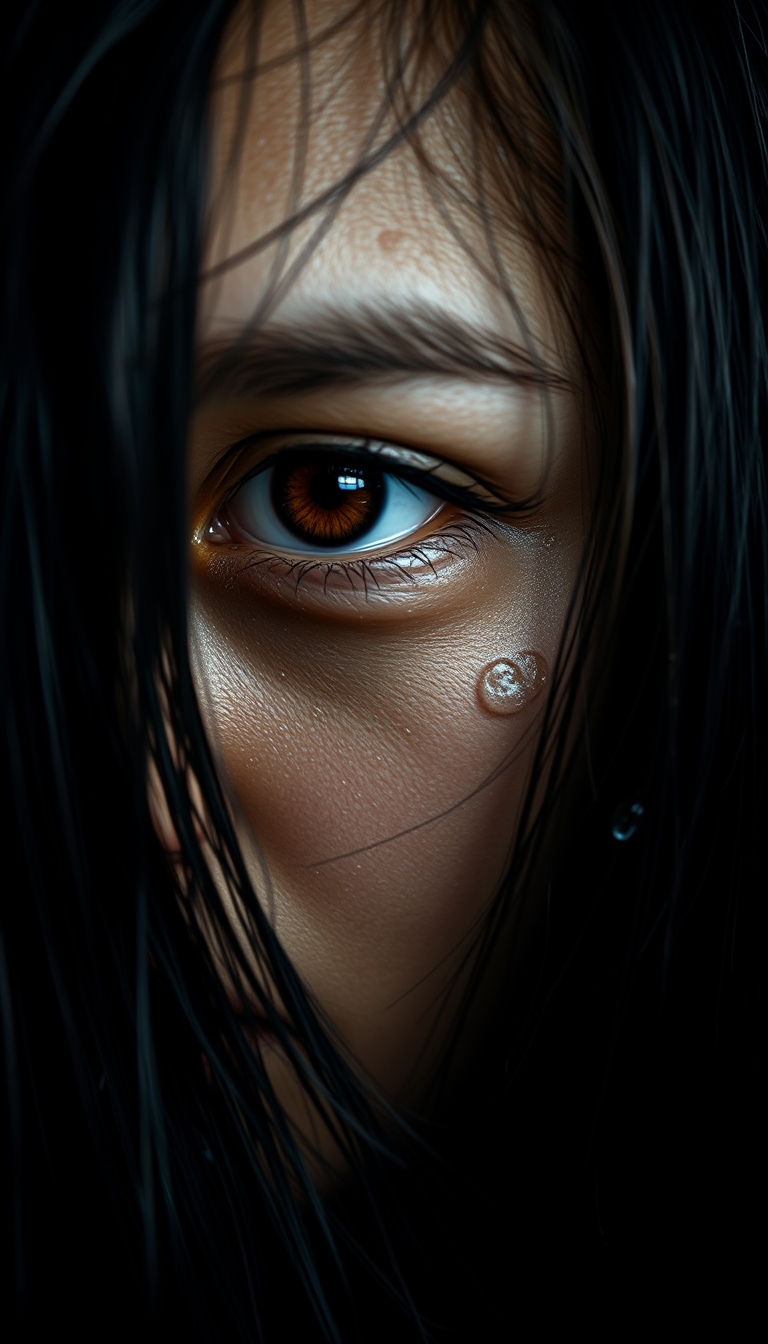 An extremely close-up shot focusing on half of the face of a Malay woman with a striking brown eye. Her wet hair cascades and frames her face, which glistens with water droplets. The dark, moody background is illuminated by chiaroscuro lighting, creating a low-key, cinematic atmosphere. Rendered with octane and HDR in UHD, the image is hyper-detailed with sharp focus, achieving a photorealistic effect.